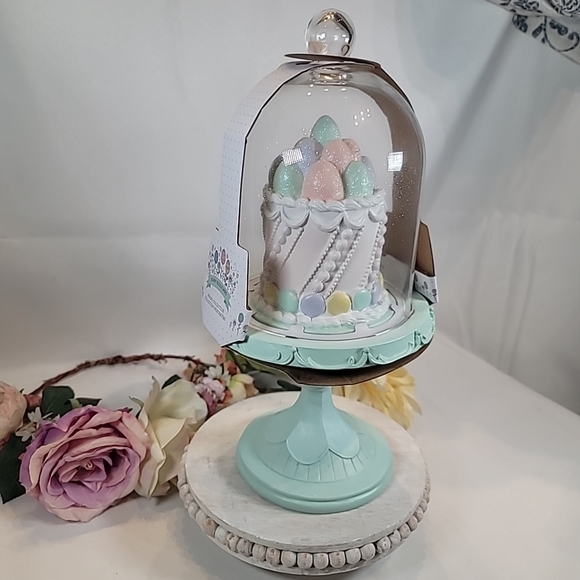 Bunny Blvd EASTER Egg Cake Cloche Glass Dome Pedestal Faux...